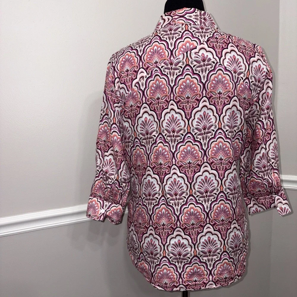 Chico's Top Womens Size 1 Pink‎ Linen No-Iron Paisley Button 3/4 Sleeve Career
